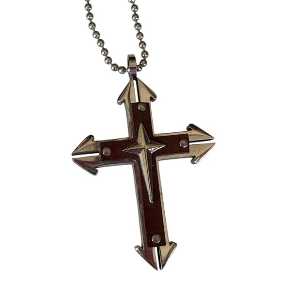 Unbranded Silver & Brown Cross Necklace w/Chain Stainless Steel 17" Height - Picture 3 of 9